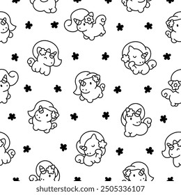 Cute kawaii little unicorn. Seamless pattern. Coloring Page. Fairy tale cartoon happy pony characters. Hand drawn style. Vector drawing. Design ornaments.