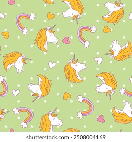 Cute kawaii little unicorn. Seamless pattern. Fairy tale cartoon happy pony characters. Hand drawn style. 