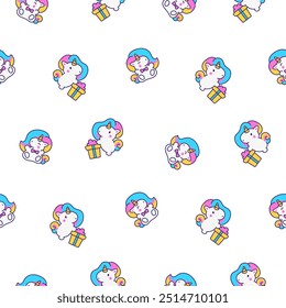 Bonito unicórnio kawaii. Padrão contínuo. Os personagens de pônei felizes dos desenhos animados do conto de fadas. Estilo desenhado à mão. Desenho vetorial. Desenhar ornamentos.