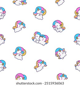Cute kawaii little unicorn. Seamless pattern. Fairy tale cartoon happy pony characters. Hand drawn style. Vector drawing. Design ornaments.