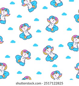 Bonito unicórnio kawaii. Padrão contínuo. Os personagens de pônei felizes dos desenhos animados do conto de fadas. Estilo desenhado à mão. Desenho vetorial. Desenhar ornamentos.