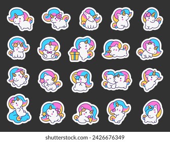 Cute kawaii little unicorn. Sticker Bookmark. Fairy tale cartoon happy pony characters. Hand drawn style. Vector drawing. Collection of design elements.