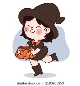 Cute kawaii little witch girl cartoon character for Halloween. vector illustration
