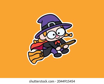 Cute and kawaii Little Witch Ride Magic Broom Halloween Character Illustration Sticker