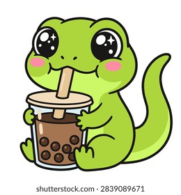 Cute Kawaii Lizard Drinking Boba Tea, Bubble Tea Mascot Illustration