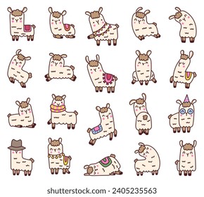Cute kawaii llama or alpaca. Animals cartoon character. Hand drawn style. Vector drawing. Collection of design elements.