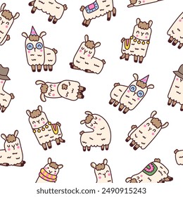 Cute kawaii llama or alpaca. Seamless pattern. Animals cartoon character. Hand drawn style. Vector drawing. Design ornaments.