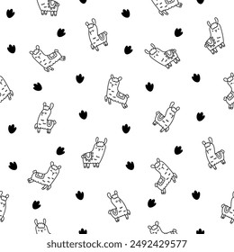 Cute kawaii llama or alpaca. Seamless pattern. Coloring Page. Animals cartoon character. Hand drawn style. Vector drawing. Design ornaments.