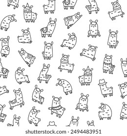 Cute kawaii llama or alpaca. Seamless pattern. Coloring Page. Animals cartoon character. Hand drawn style. Vector drawing. Design ornaments.