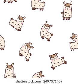 Cute kawaii llama or alpaca. Seamless pattern. Animals cartoon character. Hand drawn style. Vector drawing. Design ornaments.