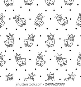 Cute kawaii llama or alpaca. Seamless pattern. Coloring Page. Animals cartoon character. Hand drawn style. Vector drawing. Design ornaments.