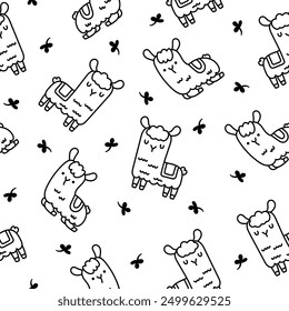 Cute kawaii llama or alpaca. Seamless pattern. Coloring Page. Animals cartoon character. Hand drawn style. Vector drawing. Design ornaments.