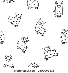 Cute kawaii llama or alpaca. Seamless pattern. Coloring Page. Animals cartoon character. Hand drawn style. Vector drawing. Design ornaments.