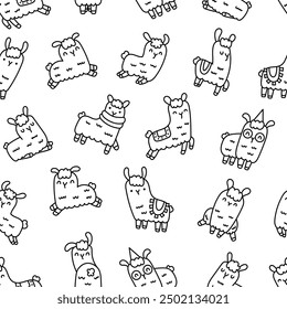 Cute kawaii llama or alpaca. Seamless pattern. Coloring Page. Animals cartoon character. Hand drawn style. Vector drawing. Design ornaments.