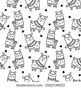 Cute kawaii llama or alpaca. Seamless pattern. Coloring Page. Animals cartoon character. Hand drawn style. Vector drawing. Design ornaments.