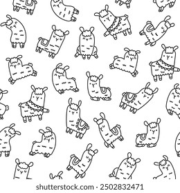 Cute kawaii llama or alpaca. Seamless pattern. Coloring Page. Animals cartoon character. Hand drawn style. Vector drawing. Design ornaments.