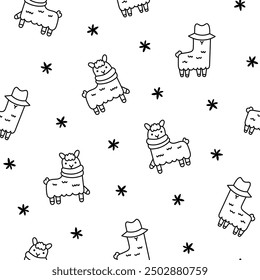 Cute kawaii llama or alpaca. Seamless pattern. Coloring Page. Animals cartoon character. Hand drawn style. Vector drawing. Design ornaments.