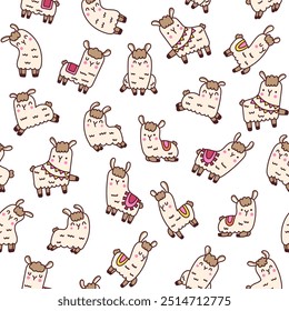 Cute kawaii llama or alpaca. Seamless pattern. Animals cartoon character. Hand drawn style. Vector drawing. Design ornaments.