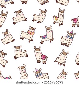 Cute kawaii llama or alpaca. Seamless pattern. Animals cartoon character. Hand drawn style. Vector drawing. Design ornaments.