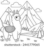 Cute kawaii llama amidst towering peaks and rolling hills cartoon character coloring page vector illustration