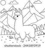 Cute kawaii llama amidst towering peaks and rolling hills cartoon character coloring page vector illustration