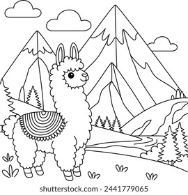 Cute kawaii llama amidst towering peaks and rolling hills cartoon character coloring page vector illustration