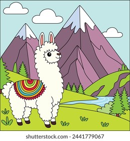 Cute kawaii llama amidst towering peaks and rolling hills cartoon character vector illustration