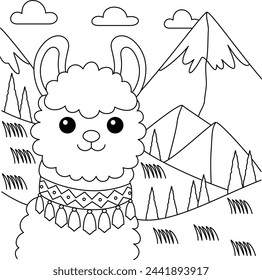 Cute kawaii llama amidst towering peaks and rolling hills cartoon character coloring page vector illustration