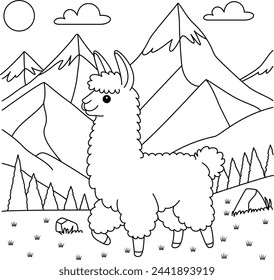 Cute kawaii llama amidst towering peaks and rolling hills cartoon character coloring page vector illustration