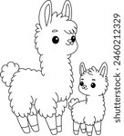 Cute kawaii llama and baby cartoon character coloring page vector illustration. Wild animal, mothers day colouring page for kids