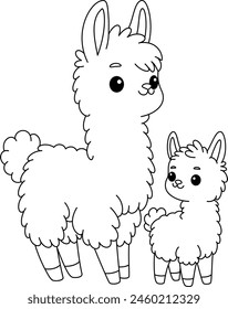 Cute kawaii llama and baby cartoon character coloring page vector illustration. Wild animal, mothers day colouring page for kids