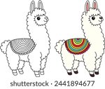 Cute kawaii llama cartoon character coloring page vector illustration