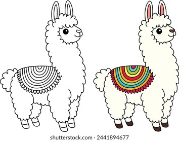 Cute kawaii llama cartoon character coloring page vector illustration