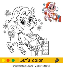 Cute kawaii llama in Christmas hat with a gift and snowflakes. Cartoon character. Vector isolated illustration. Coloring book and color sample. For card, poster, design, stickers, decor, kids apparel