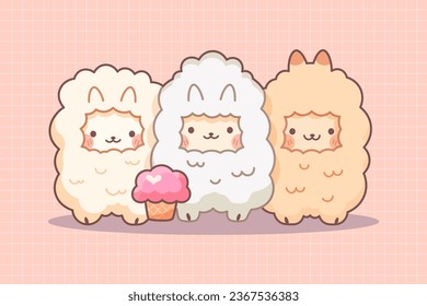 Cute kawaii llamas with ice cream. Vector illustration.
