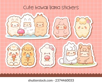 Ziehe Kawaii-Lamas mit Eis-Aufkleber. Vektorgrafik. 