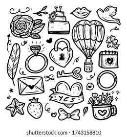 cute kawaii love and wedding doodle drawing sticker set collection, coloring vector art