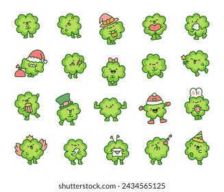Cute kawaii lucky clover cartoon character. Hand drawn style. Vector drawing. Collection of design elements.
