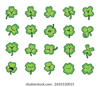 Cute kawaii lucky clover. Cartoon funny characters. Hand drawn style. Vector drawing. Collection of design elements.