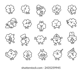 Cute kawaii lucky clover cartoon character. Coloring Page. Hand drawn style. Vector drawing. Collection of design elements.