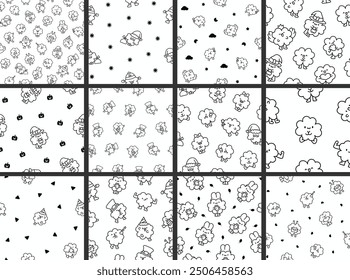 Cute kawaii lucky clover cartoon character. Seamless pattern. Coloring Page. Hand drawn style. Vector drawing. Collection of design ornaments.
