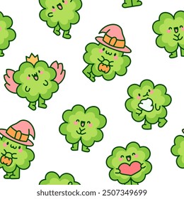 Cute kawaii lucky clover cartoon character. Seamless pattern. Hand drawn style. Vector drawing. Design ornaments.
