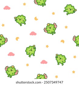 Cute kawaii lucky clover cartoon character. Seamless pattern. Hand drawn style. Vector drawing. Design ornaments.