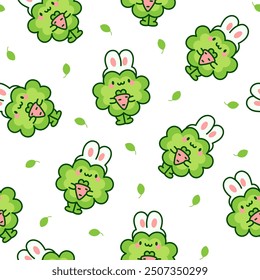 Cute kawaii lucky clover cartoon character. Seamless pattern. Hand drawn style. Vector drawing. Design ornaments.