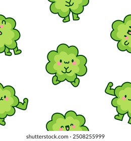 Cute kawaii lucky clover cartoon character. Seamless pattern. Hand drawn style. Vector drawing. Design ornaments.