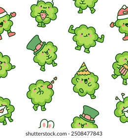 Cute kawaii lucky clover cartoon character. Seamless pattern. Hand drawn style. Vector drawing. Design ornaments.