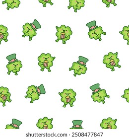 Cute kawaii lucky clover cartoon character. Seamless pattern. Hand drawn style. Vector drawing. Design ornaments.