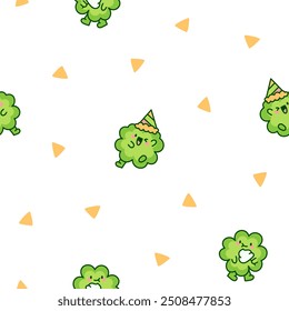 Cute kawaii lucky clover cartoon character. Seamless pattern. Hand drawn style. Vector drawing. Design ornaments.