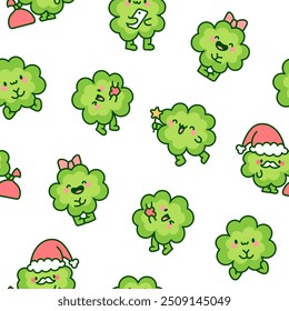 Cute kawaii lucky clover cartoon character. Seamless pattern. Hand drawn style. Vector drawing. Design ornaments.