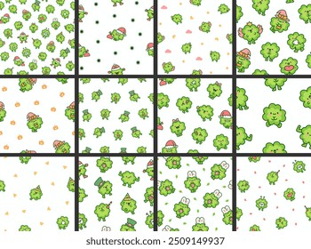 Cute kawaii lucky clover cartoon character. Seamless pattern. Hand drawn style. Vector drawing. Collection of design ornaments.